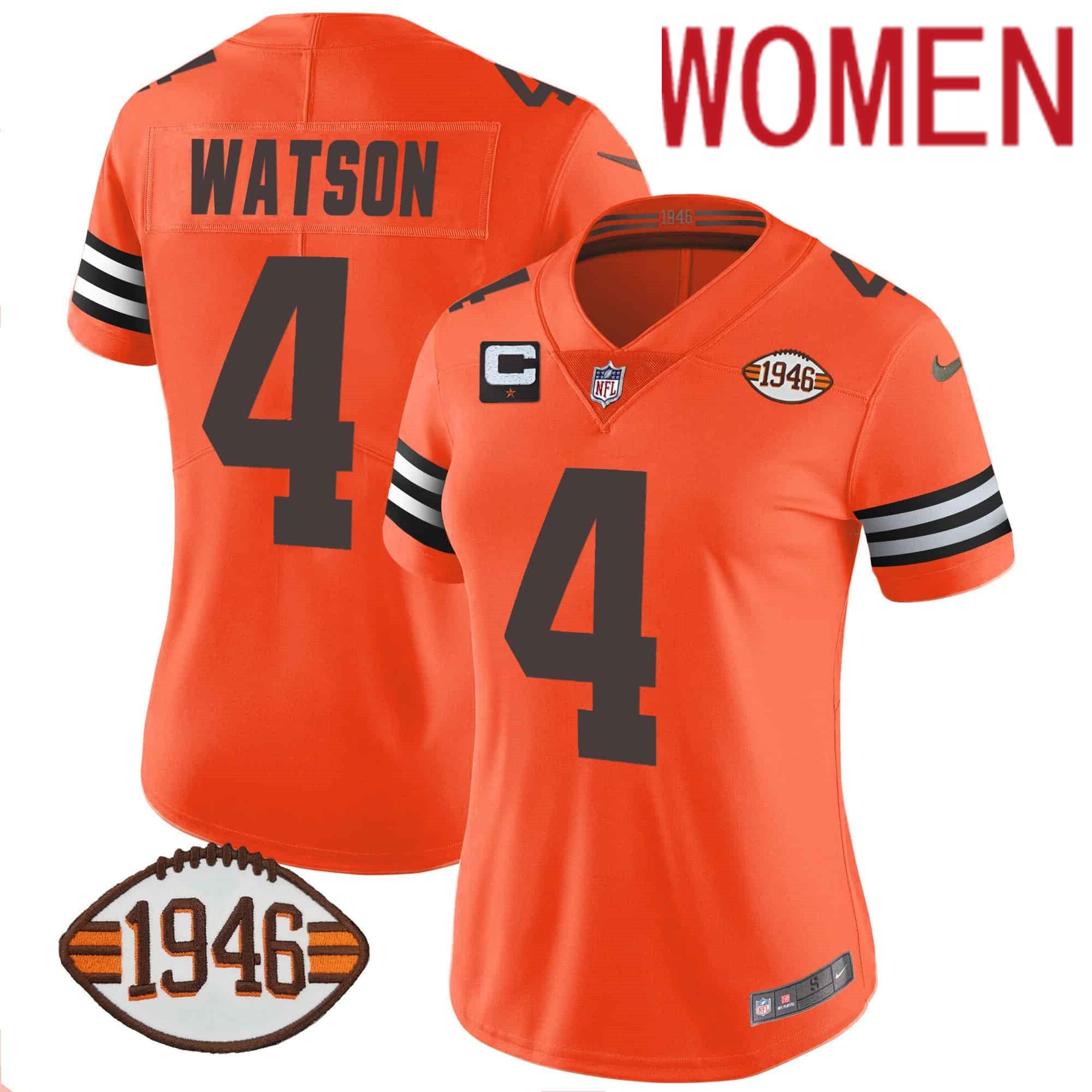 Women Cleveland Browns #4 Watson Orange 1946 75th Anniversary Patch 2024 Nike NFL Jersey->women nfl jersey->Women Jersey